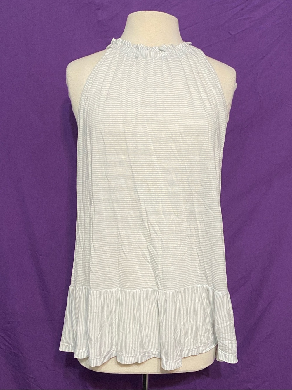 LOFT White and Light Blue Striped Halter Ruffle-Hem Tank. Size L.